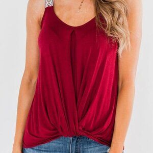 Dreamkue Women's Dark Red Twist Hem Embroidered Straps Tank Top Size Small